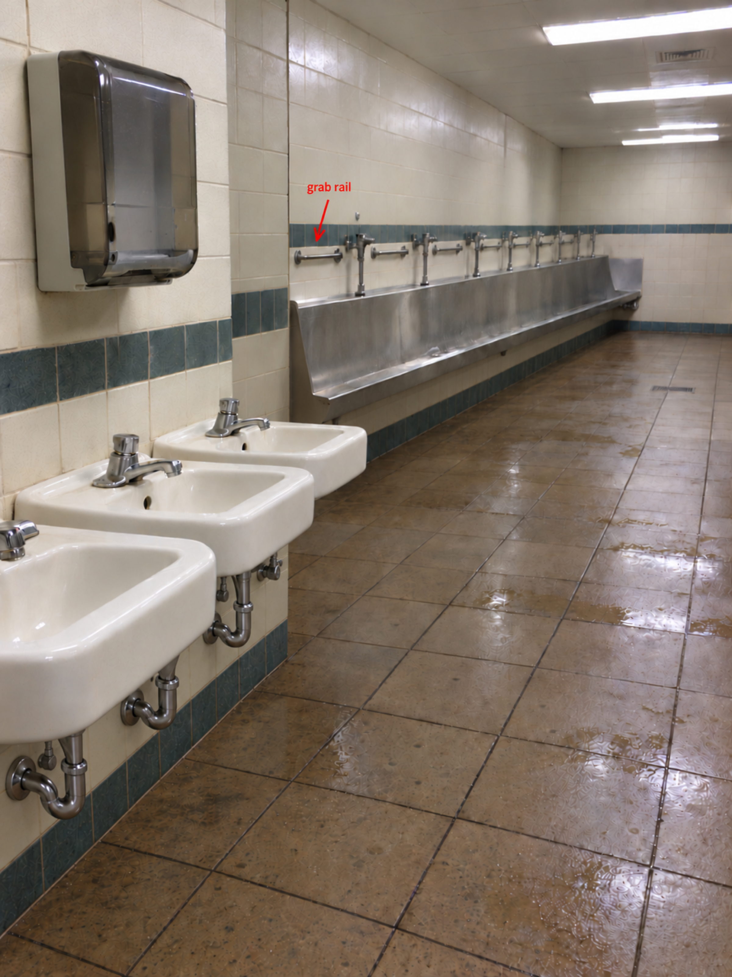 Empty ballpark restroom with a long trough, damp floor, wall-connected sink drains, and grab rails marked by a plain red label and arrow.